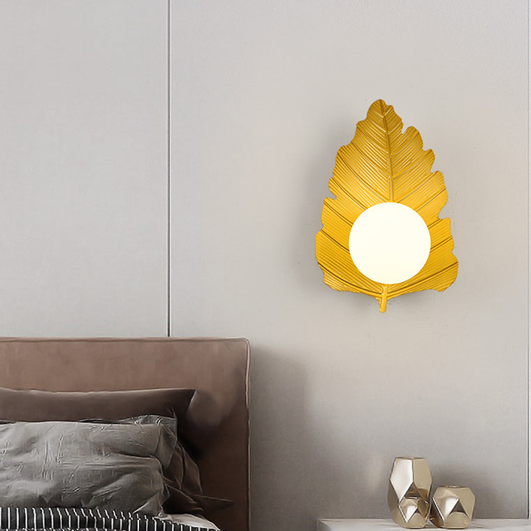 Contemporary Creative Iron Leaf Glass Orb Lampshade 1 - Light Wall Sconce Lamp For Living Room