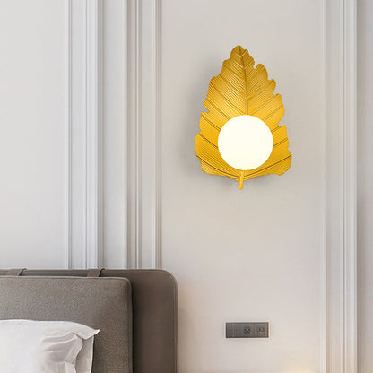 Contemporary Creative Iron Leaf Glass Orb Lampshade 1 - Light Wall Sconce Lamp For Living Room