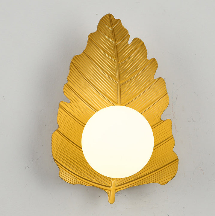 Contemporary Creative Iron Leaf Glass Orb Lampshade 1 - Light Wall Sconce Lamp For Living Room