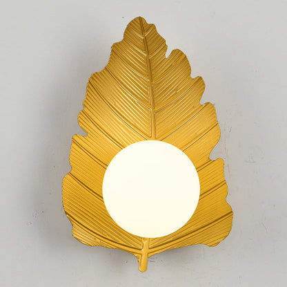 Contemporary Creative Iron Leaf Glass Orb Lampshade 1 - Light Wall Sconce Lamp For Living Room