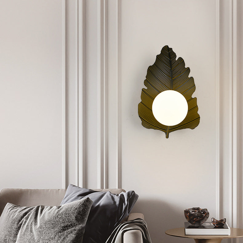 Contemporary Creative Iron Leaf Glass Orb Lampshade 1 - Light Wall Sconce Lamp For Living Room