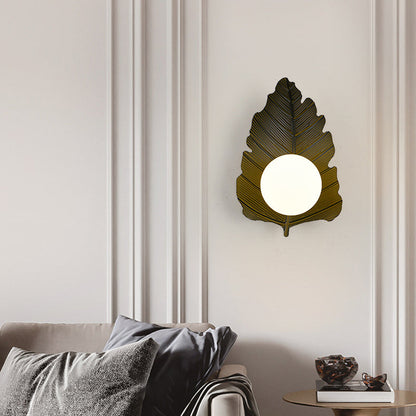 Contemporary Creative Iron Leaf Glass Orb Lampshade 1 - Light Wall Sconce Lamp For Living Room