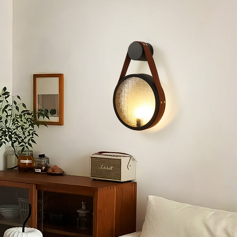 Contemporary Retro Belt Suspension Round Iron Glass Lampshade 1 - Light Wall Sconce Lamp For Living Room