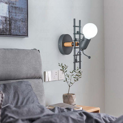 Contemporary Creative Little Man Climbing Stairs Iron Rubber Wood Lampshade 1 - Light Wall Sconce Lamp For Living Room