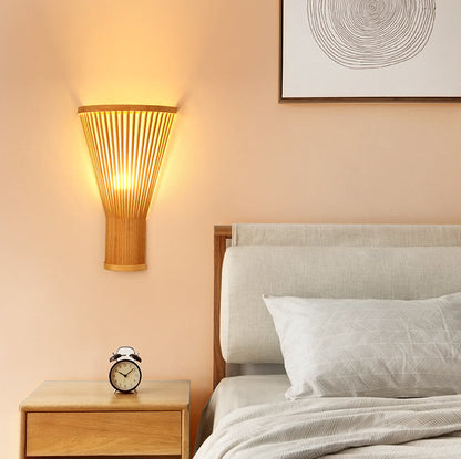 Traditional Japanese Vertical Broom Shape Bamboo Lampshade 1 - Light Wall Sconce Lamp For Bedroom