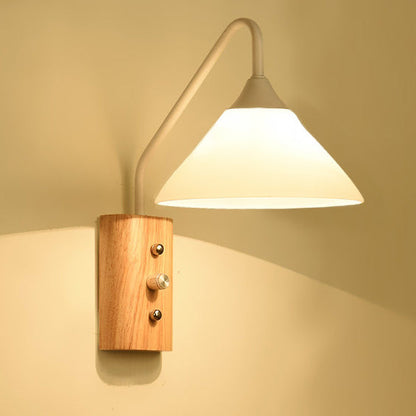 Traditional Japanese Cone Glass Lampshade Solid Wood Iron 1 - Light Wall Sconce Lamp For Bedroom