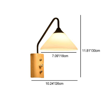 Traditional Japanese Cone Glass Lampshade Solid Wood Iron 1 - Light Wall Sconce Lamp For Bedroom