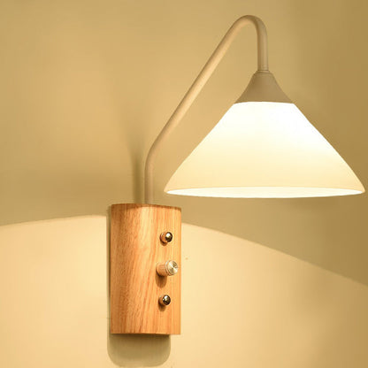Traditional Japanese Cone Glass Lampshade Solid Wood Iron 1 - Light Wall Sconce Lamp For Bedroom