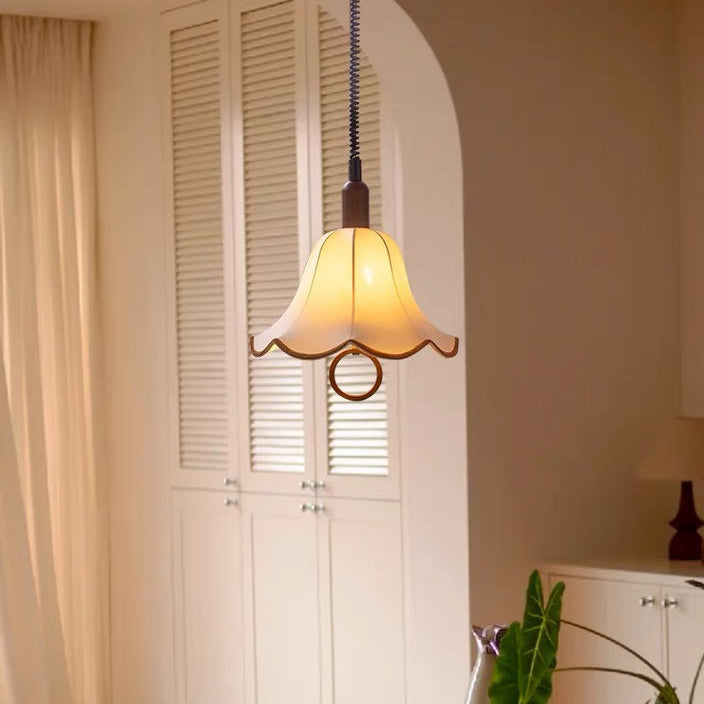 Traditional French Petal Shape Fabric Lampshade Hardware Wood  1 - Light Pendant Light For Dining Room