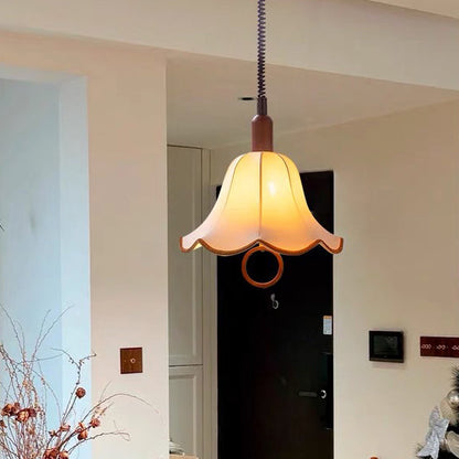 Traditional French Petal Shape Fabric Lampshade Hardware Wood  1 - Light Pendant Light For Dining Room