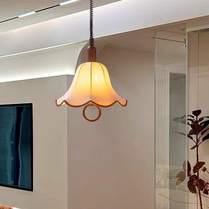 Traditional French Petal Shape Fabric Lampshade Hardware Wood  1 - Light Pendant Light For Dining Room
