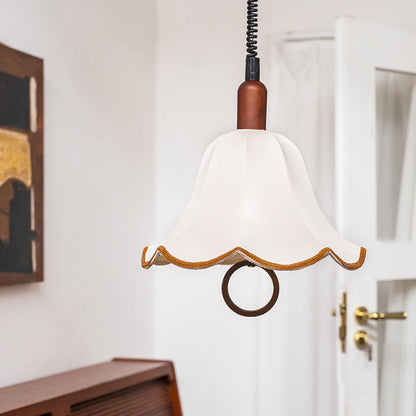 Traditional French Petal Shape Fabric Lampshade Hardware Wood  1 - Light Pendant Light For Dining Room