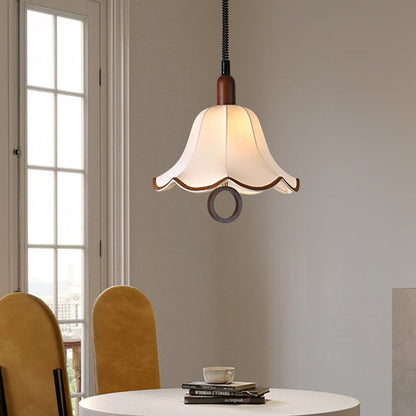 Traditional French Petal Shape Fabric Lampshade Hardware Wood  1 - Light Pendant Light For Dining Room