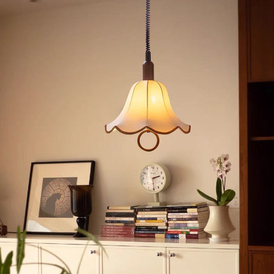 Traditional French Petal Shape Fabric Lampshade Hardware Wood  1 - Light Pendant Light For Dining Room
