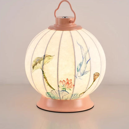 Traditional Chinese Round Ball Painting Portable Imitation Silk Lampshade Hardware 1 - Light Table Lamp For Living Room
