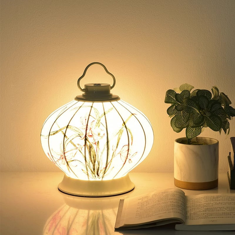 Traditional Chinese Round Ball Painting Portable Imitation Silk Lampshade Hardware 1 - Light Table Lamp For Living Room