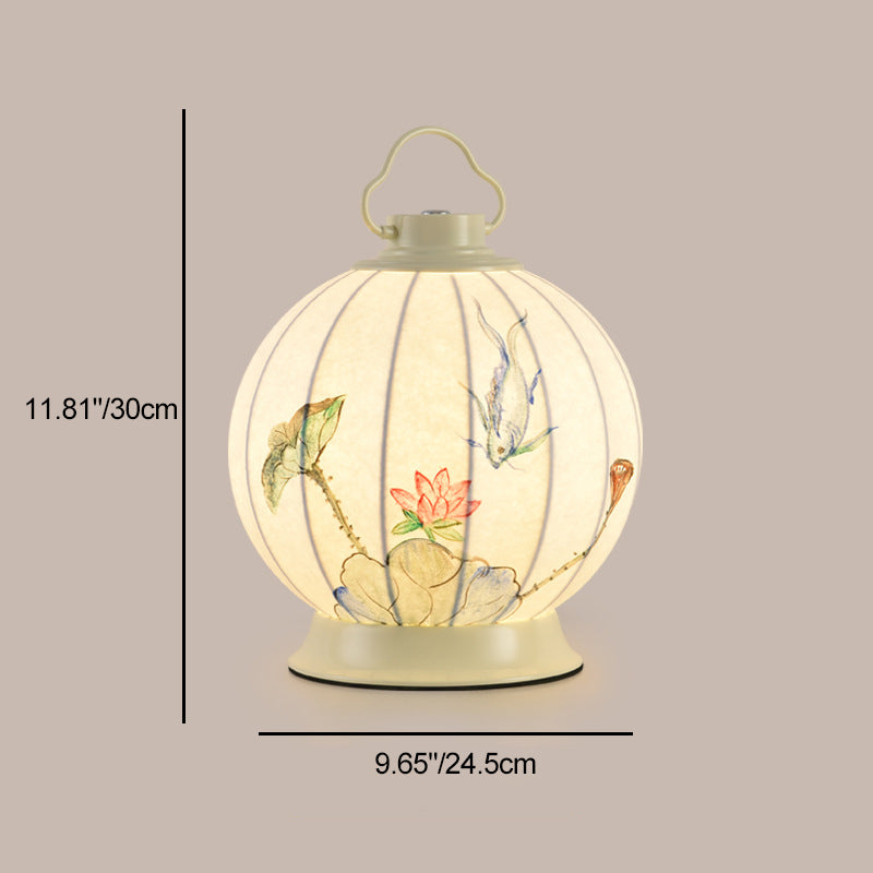 Traditional Chinese Round Ball Painting Portable Imitation Silk Lampshade Hardware 1 - Light Table Lamp For Living Room