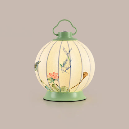Traditional Chinese Round Ball Painting Portable Imitation Silk Lampshade Hardware 1 - Light Table Lamp For Living Room