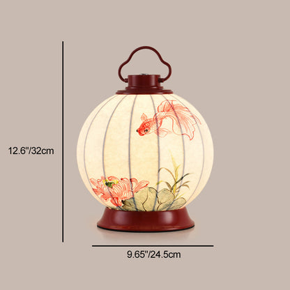 Traditional Chinese Round Ball Goldfish Persimmon Portable Imitation Silk Lampshade Hardware 1 - Light Table Lamp For Living Room