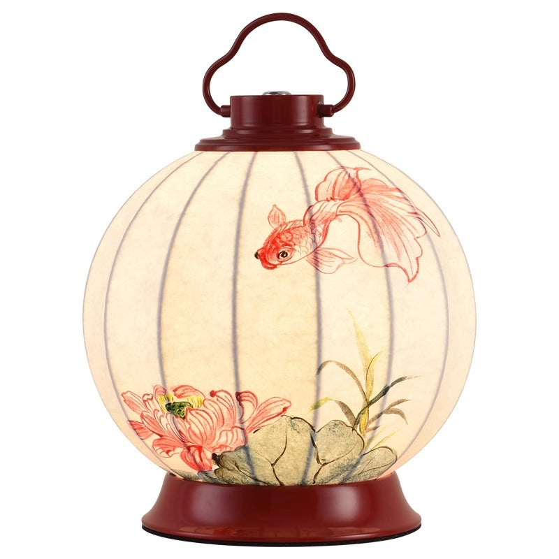 Traditional Chinese Round Ball Goldfish Persimmon Portable Imitation Silk Lampshade Hardware 1 - Light Table Lamp For Living Room