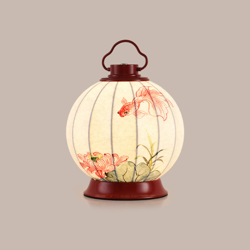 Traditional Chinese Round Ball Goldfish Persimmon Portable Imitation Silk Lampshade Hardware 1 - Light Table Lamp For Living Room