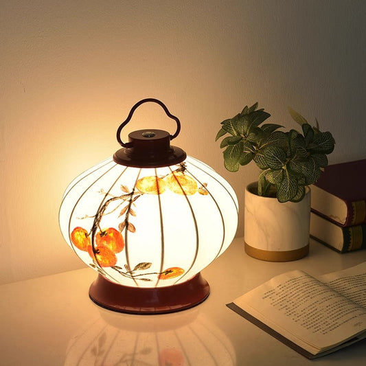 Traditional Chinese Round Ball Goldfish Persimmon Portable Imitation Silk Lampshade Hardware 1 - Light Table Lamp For Living Room