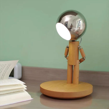 Contemporary Creative Astronaut Iron Lampshade Wood Base LED Table Lamp For Bedroom