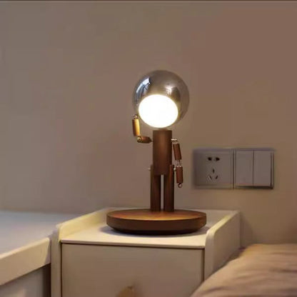 Contemporary Creative Astronaut Iron Lampshade Wood Base LED Table Lamp For Bedroom