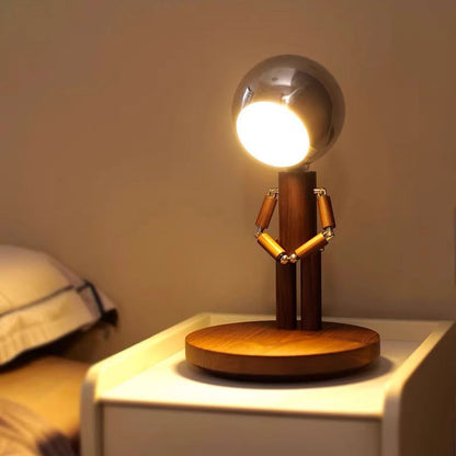 Contemporary Creative Astronaut Iron Lampshade Wood Base LED Table Lamp For Bedroom