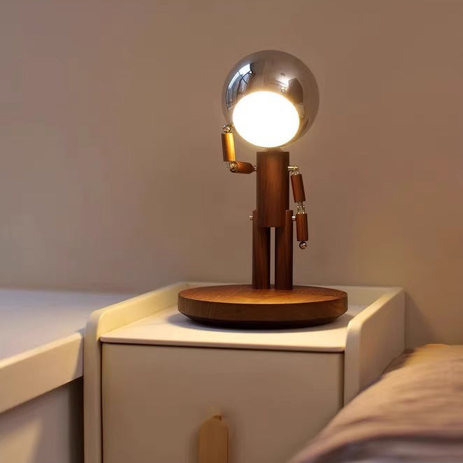 Contemporary Creative Astronaut Iron Lampshade Wood Base LED Table Lamp For Bedroom