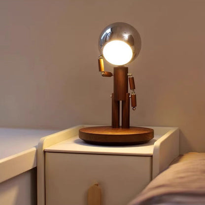 Contemporary Creative Astronaut Iron Lampshade Wood Base LED Table Lamp For Bedroom