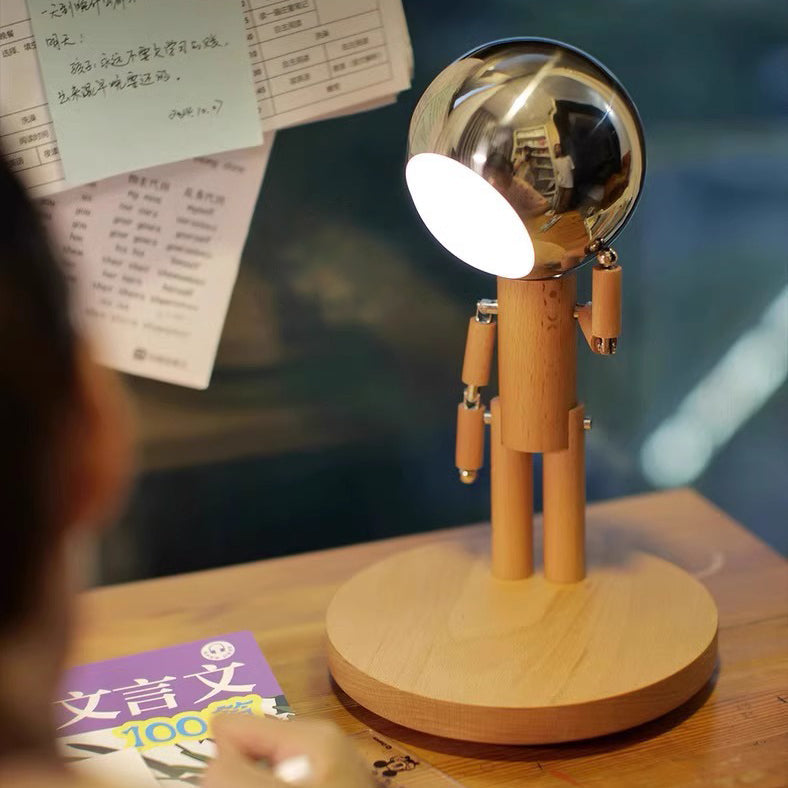 Contemporary Creative Astronaut Iron Lampshade Wood Base LED Table Lamp For Bedroom