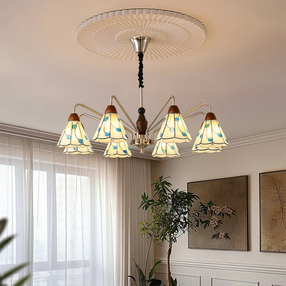 Traditional French Cone Leaves Pattern Glass Lampshade Iron Solid Wood 6/8 - Light Chandelier For Living Room