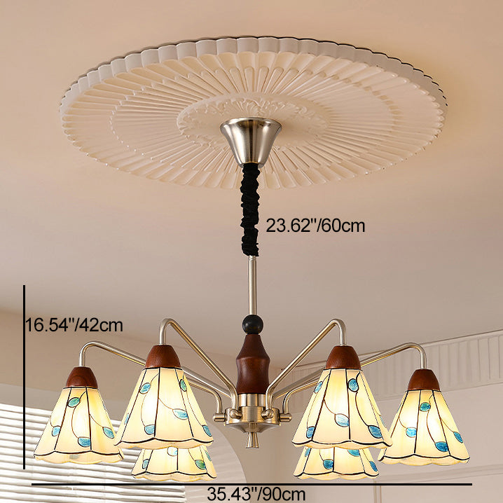 Traditional French Cone Leaves Pattern Glass Lampshade Iron Solid Wood 6/8 - Light Chandelier For Living Room
