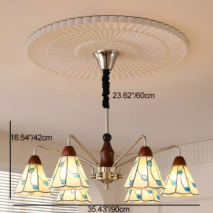 Traditional French Cone Leaves Pattern Glass Lampshade Iron Solid Wood 6/8 - Light Chandelier For Living Room