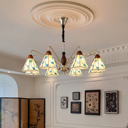 Traditional French Cone Leaves Pattern Glass Lampshade Iron Solid Wood 6/8 - Light Chandelier For Living Room