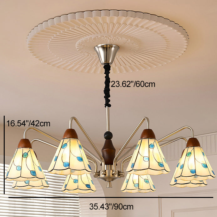 Traditional French Cone Leaves Pattern Glass Lampshade Iron Solid Wood 6/8 - Light Chandelier For Living Room