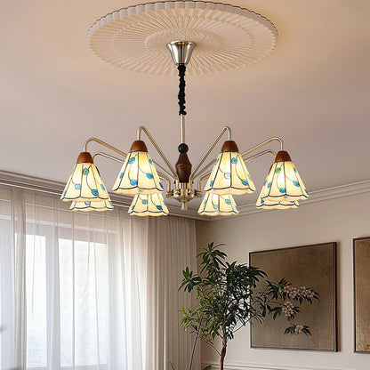 Traditional French Cone Leaves Pattern Glass Lampshade Iron Solid Wood 6/8 - Light Chandelier For Living Room