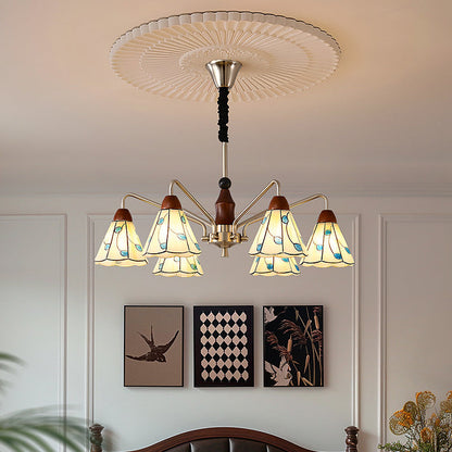 Traditional French Cone Leaves Pattern Glass Lampshade Iron Solid Wood 6/8 - Light Chandelier For Living Room