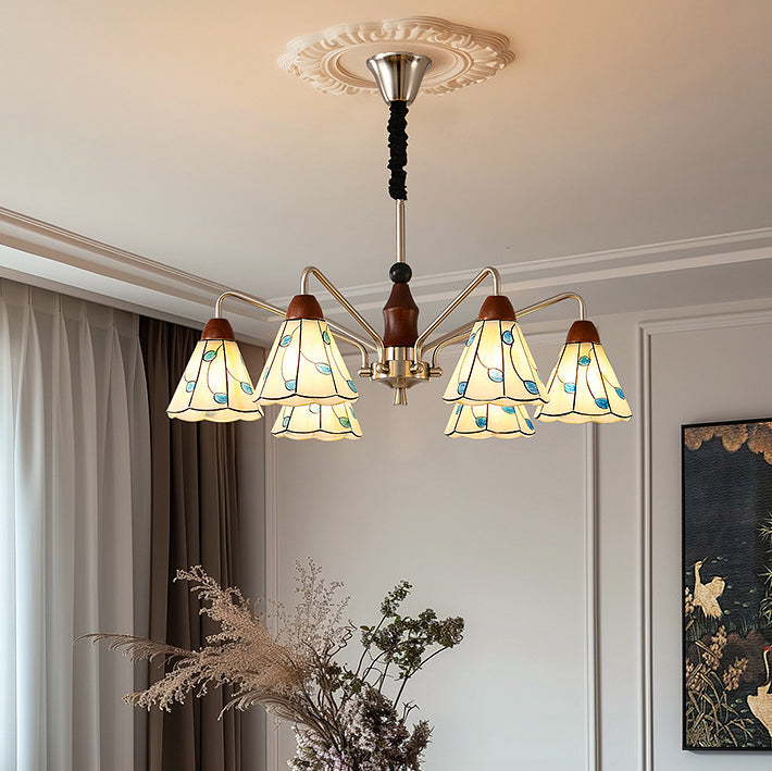 Traditional French Cone Leaves Pattern Glass Lampshade Iron Solid Wood 6/8 - Light Chandelier For Living Room