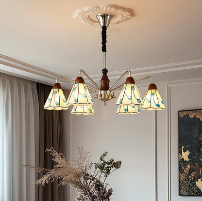 Traditional French Cone Leaves Pattern Glass Lampshade Iron Solid Wood 6/8 - Light Chandelier For Living Room