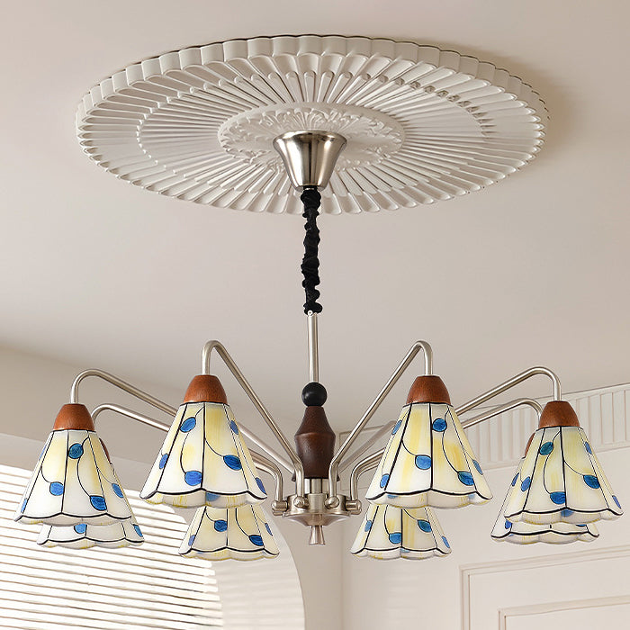 Traditional French Cone Leaves Pattern Glass Lampshade Iron Solid Wood 6/8 - Light Chandelier For Living Room
