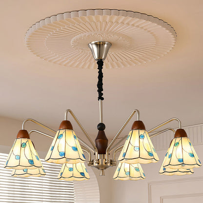 Traditional French Cone Leaves Pattern Glass Lampshade Iron Solid Wood 6/8 - Light Chandelier For Living Room