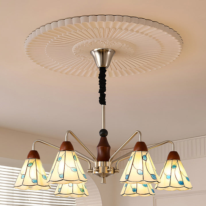 Traditional French Cone Leaves Pattern Glass Lampshade Iron Solid Wood 6/8 - Light Chandelier For Living Room