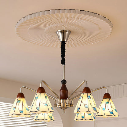 Traditional French Cone Leaves Pattern Glass Lampshade Iron Solid Wood 6/8 - Light Chandelier For Living Room