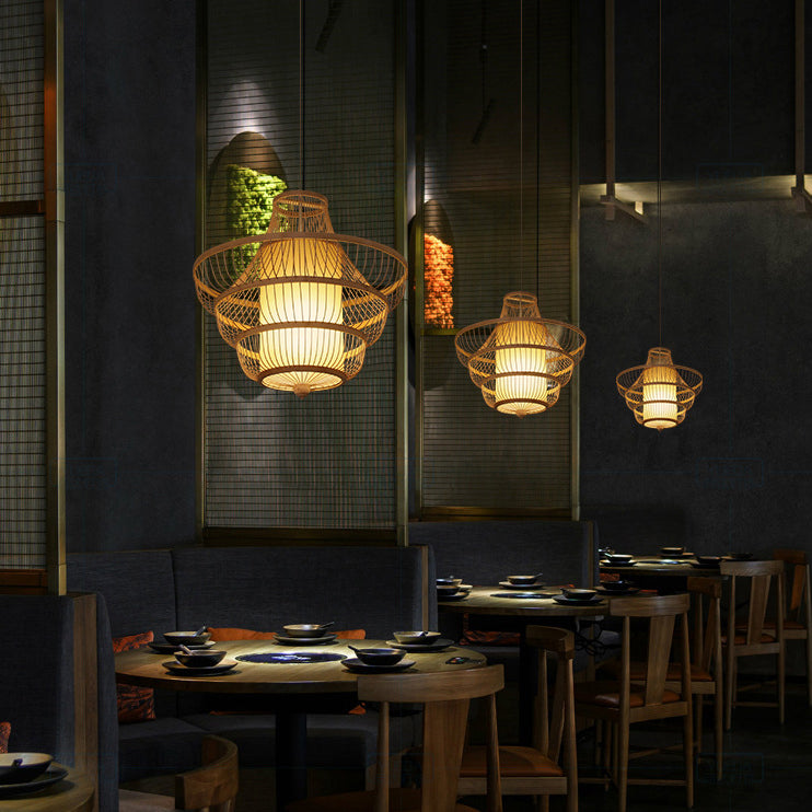 Traditional Chinese Dome Gyro Shape Bamboo Imitation Parchment Paper Lampshade 1 - Light Chandelier For Dining Room
