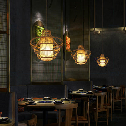 Traditional Chinese Dome Gyro Shape Bamboo Imitation Parchment Paper Lampshade 1 - Light Chandelier For Dining Room