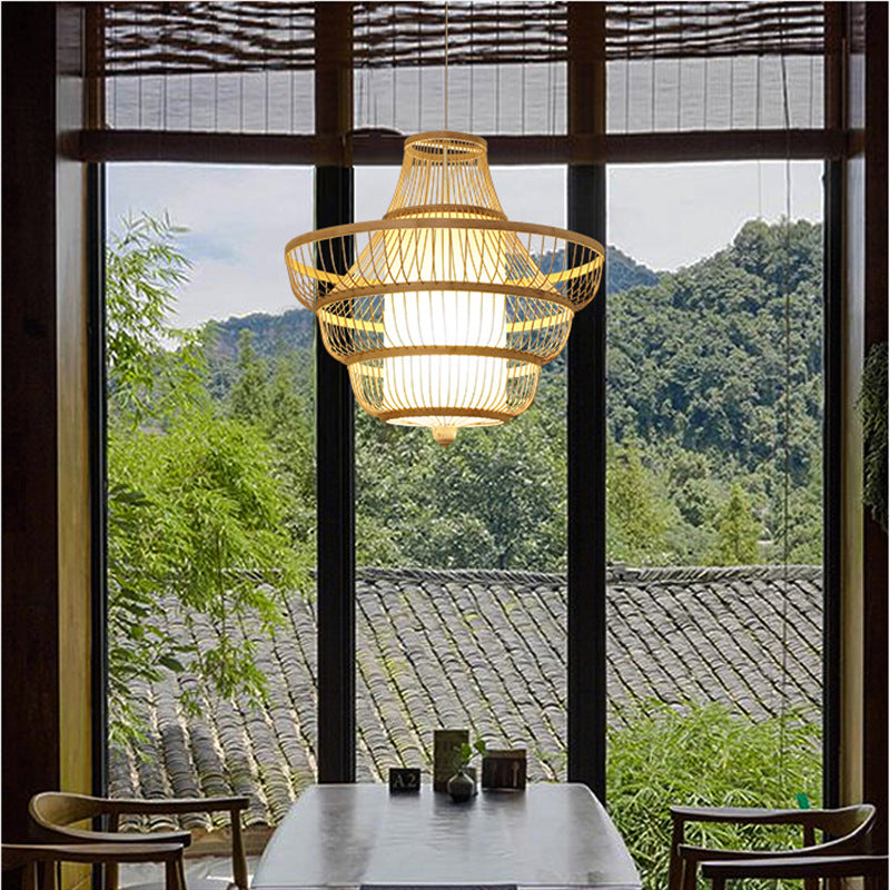 Traditional Chinese Dome Gyro Shape Bamboo Imitation Parchment Paper Lampshade 1 - Light Chandelier For Dining Room