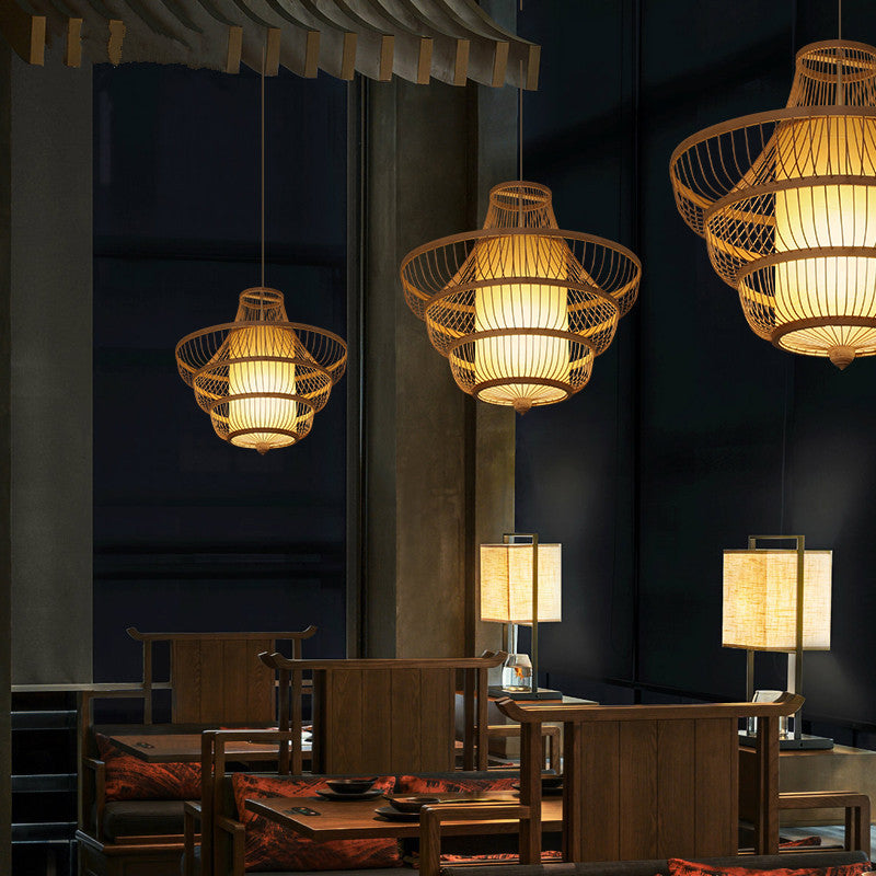 Traditional Chinese Dome Gyro Shape Bamboo Imitation Parchment Paper Lampshade 1 - Light Chandelier For Dining Room