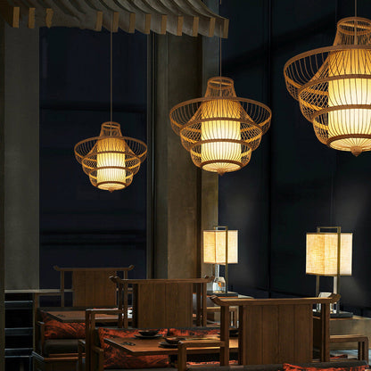Traditional Chinese Dome Gyro Shape Bamboo Imitation Parchment Paper Lampshade 1 - Light Chandelier For Dining Room